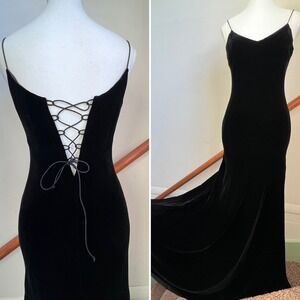 Vintage 90s Ralph Lauren Black Corset Back Velvet Maxi Dress Evening Gown Size 4